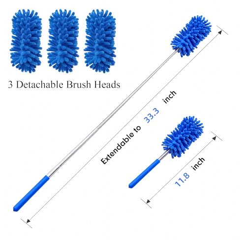 Microfiber Duster for Cleaning, GMLKRY Hand Washable Dusters with 3pcs Replaceable Microfiber Head, Extendable Pole, Detachable Cleaning Supplies for Office, Car, Window, Furniture (Blue) - color: Blue