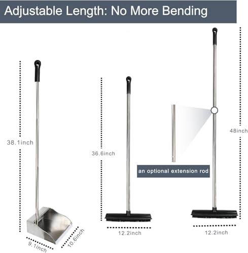 Rubber Broom and Dustpan Set,Pet Hair Removal Rubber Broom with Squeegee and Stainless Steel Dust Pan,Carpet Rake Push Broom and Dustpan for Fluff Hardwood Floor Tile (Black) - color: Black