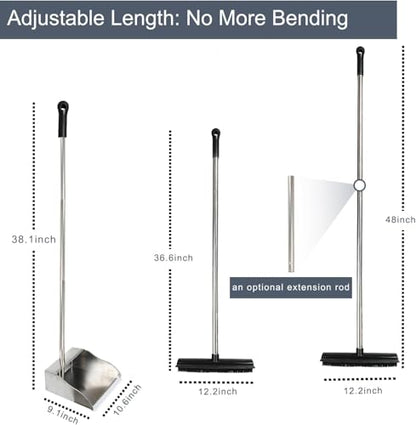 Rubber Broom and Dustpan Set,Pet Hair Removal Rubber Broom with Squeegee and Stainless Steel Dust Pan,Carpet Rake Push Broom and Dustpan for Fluff Hardwood Floor Tile (Black) - color: Black