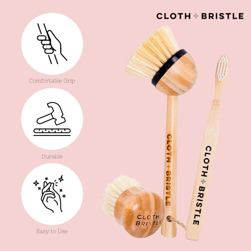 CLOTH & BRISTLE Bamboo Cleaning Brush Combo Set, Versatile Dish Scrub, Pot, and Detail Brushes for Kitchen, Grout, and Household Cleaning, Sustainable Bamboo Handles, Wooden, 197644993802