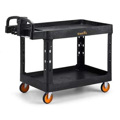 ELAFROS Extra Large Heavy Duty Plastic Utility Work Cart 43.5 x 24.6 Inch – 2 Tier Work Cart with Deep Tub Shelves, Ergonomic Handle, 5 Inch Casters, 550 lbs Capacity, Black