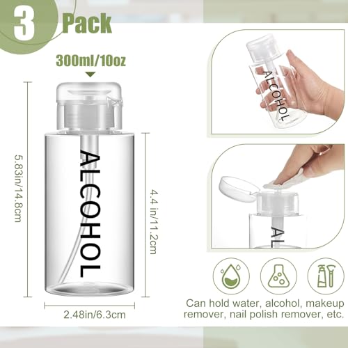 Layhit 3 Pcs 10 oz Alcohol Pump Dispenser Bottles Alcohol Push Down Liquid Dispenser Empty Pumping Bottle Refillable Cosmetic Container for Personal, Salon, Nail Care (Clear Cap + Clear Bottle) - color: Clear Cap + Clear Bottle