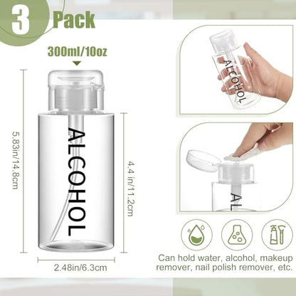Layhit 3 Pcs 10 oz Alcohol Pump Dispenser Bottles Alcohol Push Down Liquid Dispenser Empty Pumping Bottle Refillable Cosmetic Container for Personal, Salon, Nail Care (Clear Cap + Clear Bottle) - color: Clear Cap + Clear Bottle