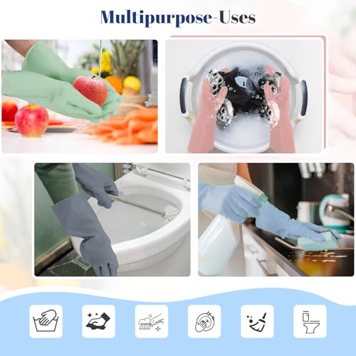 Rubber Kitchen Dishwashing Gloves - 3 Pairs Reusable Household Cleaning Gloves, Flexible and Durable & Non-slip Cleaning Gloves, Great for Kitchen, Bathroom, Laundry (Medium, Pink+Blue+Grey) - color: Pink+blue+grey, size: Medium