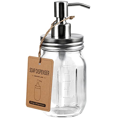 Amolliar Mason Jar Soap Dispensers, Rustproof Stainless Steel Lid &Pump, Refillable Wash Hand Soap for Bathroom,Kitchen-Ideal for Dish Soap,Liquid Soap, Lotions,Waterproof Stickers,16OZ Brushed Nickel - color: Brushed Nickel, size: 1 Pack