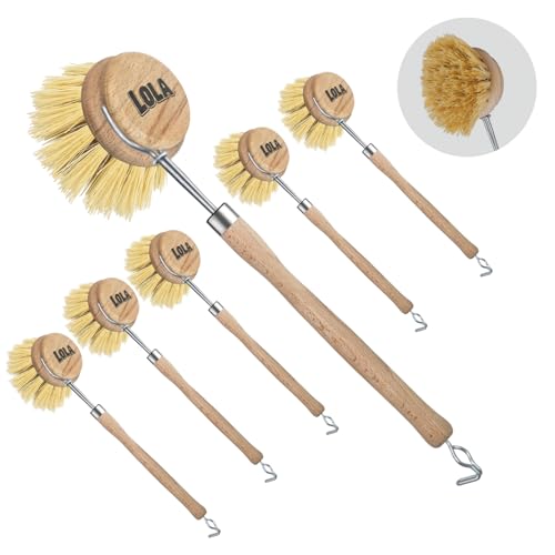 LOLA Dishwashing & Vegetable Brush The Original, 6 Pack, 3" Head, Sustainable Wood Handle w/Tampico Fiber Bristles, Safe for Non-Stick Pans, Dishes, Cast Iron Skillet - Easy Head Only Replacement - color: Large Vegetable & Dish Cleaning Brush, size: 6 Pac