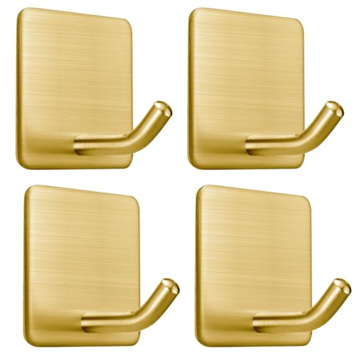 FOTYRIG Golden Stainless Steel Square Self Adhesive Hooks - Extra-Long Anti-Slip with Upgraded Adhesive, Holds 15lb Heavy Duty Wall Hooks for Kitchen, Bathroom, Garage -4 Packs - color: Gold