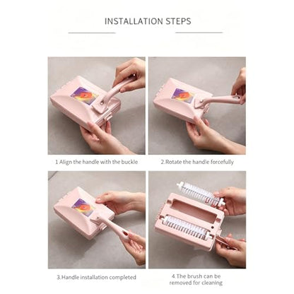 Handheld Double Roller Carpet Brush - Multi-Functional Portable Pet Hair Remover with Crumb Collector, Manual Dust Sweeper for Bed Desktop Carpet Pet Hair (Pink) - color: Pink