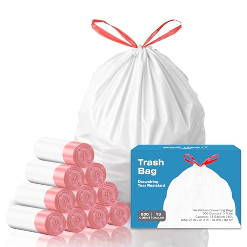 KUK 13 Gallon Tall Kitchen Drawstring Trash Bags, Unscented, White, 200 Count, Tear-Free Individual Garbage Bags, Tear-Resistant, Leak Proof, Garbage Bag for Kitchen, Home Office 2 - size: 1 Count (Pack of 200)