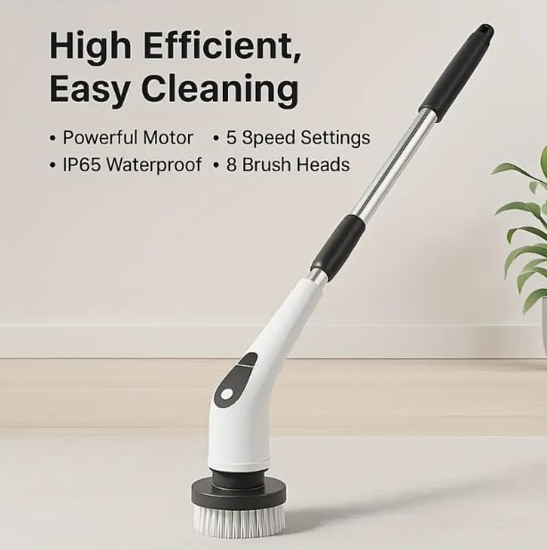 HomeBeyond Electric Spin Scrubber, 5-Speed Power Spin Cleaner with 8 Replaceable Brush Heads, IPX7 Waterproof, Adjustable Extension Handle, Large Battery for Bathroom, Shower, Tile, and Floor Cleaning