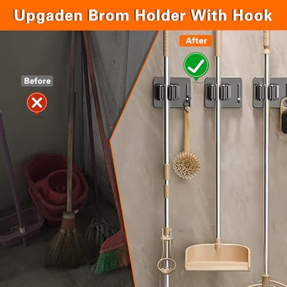 Mop Broom Holder-Self Adhesive Stainless Steel Broom Hanger Organizer for Bathroom, Kitchen, Office，Utility Room，Laundry Room,Home Garden, Garage Storage and Organization Rack(Silver gray-4Psc)