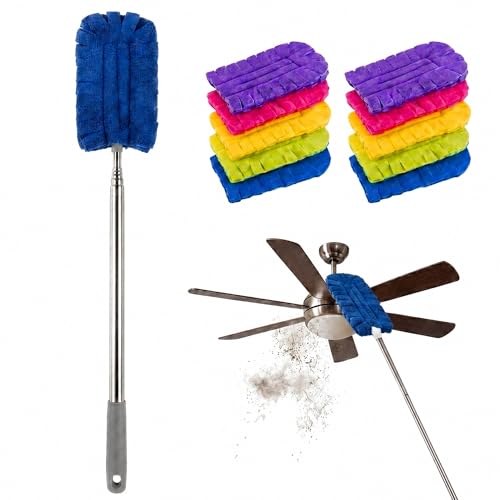 Duster Refills Reusable Pads with 20-83 Inch Extendable Pole - 10 Pack Washable 360 Degree Cleaning Kit for Ceiling Fan, Blinds and Car Interior