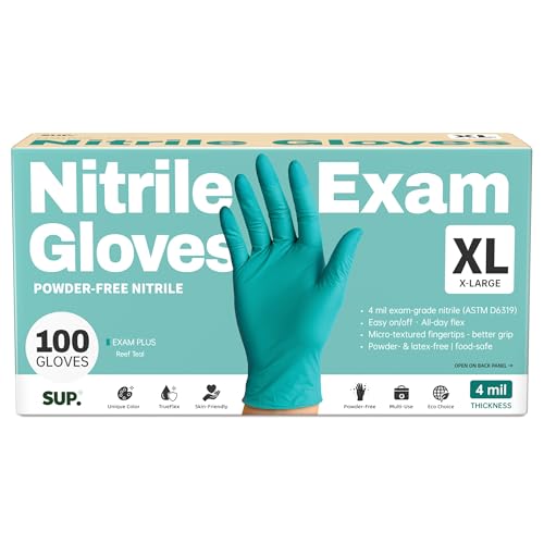 SUP Powder-Free Nitrile Exam Gloves, 100 Count Food Safe Latex-Free Disposable Gloves for Medical Lab Cooking Cleaning, Teal - color: X-large (Reef Teal)