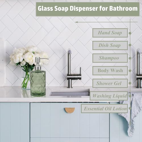 12Oz Green Glass Soap Dispenser with Stainless Steel Pump, Refillable Kitchen Liquid Hand Soap Dispenser with Diamond Design, for Dispense Hand soap, Dish Soap, Lotion, Bathroom, Countertop, Hotel - color: Green Diamond