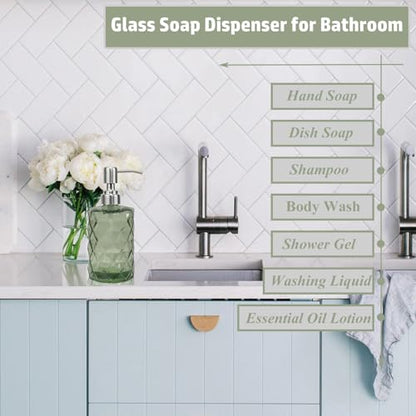 12Oz Green Glass Soap Dispenser with Stainless Steel Pump, Refillable Kitchen Liquid Hand Soap Dispenser with Diamond Design, for Dispense Hand soap, Dish Soap, Lotion, Bathroom, Countertop, Hotel - color: Green Diamond