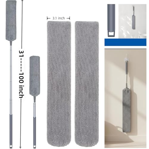 Retractable Gap Dust Cleaner with 30-100 Feet Extendable Long Handle and 2 Microfiber Dusting Cloths, Cleaning Duster for Under Appliance Refrigerator Furniture Sofa Bed (Gray) - color: Gray