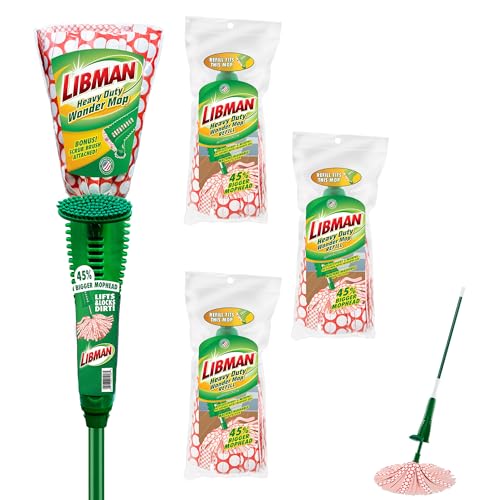 Libman Heavy Duty Wonder Mop Plus 3 Refill Heads | Absorbent Microfiber | Self Wringing Mop | Household Mops, Buckets & Accessories | Machine Washable | Multi-Surface Floor Mop | 3 Replacement Heads - style: Mop +3 Refills