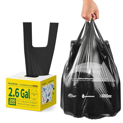 Small Trash Bags with Handles - Ocean Plastic Upcycling - Plastic Garbage Bags, Can Bin & Waste Basket Liner for Kitchen, Bathroom, Office and Pets,2.6 Gallon 200 Count Black - color: 2.6Gal Black, size: 1 DISPENSER BOX
