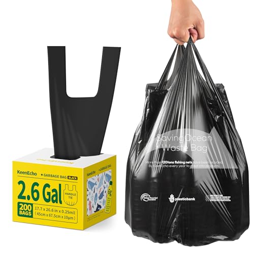 Small Trash Bags with Handles - Ocean Plastic Upcycling - Plastic Garbage Bags, Can Bin & Waste Basket Liner for Kitchen, Bathroom, Office and Pets,2.6 Gallon 200 Count Black - color: 2.6Gal Black, size: 1 DISPENSER BOX