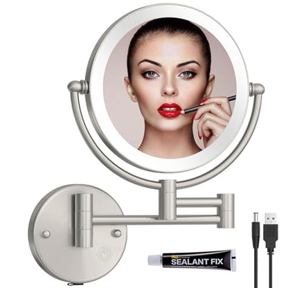 8 Inch Rechargeable Brass Lighted Magnifying Mirror Wall Mounted, 1X/5X Double-Sided Bathroom Personal Makeup Mirror with Light, Brushed Nickel - color: Brushed Nickel