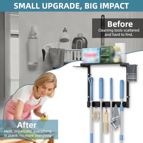 Broom Holder Wall Mount with Cleaning Supplies Organizer, Laundry Room Organization and Storage Shelves, Mop Hanger Broom Rack with Hooks, Home Improvement Kitchen Shelf Garage Organizer