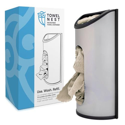 TowelNest Microfiber Cloth Dispenser | 15 Reusable Cloths (Beige) | Eco-Friendly Paper Towel Alternative | Absorbent & Washable | Wall/Cabinet Mount (3M Adhesive & Screws Included) - color: Beige, size: Dispenser + 15 Cloths