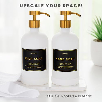 Hand and Dish Soap Dispenser for Kitchen and Bathroom, Set of 2 16 Oz Glass Bottles, Stainless Steel Pumps, Non-Slip Silicone Base, 27 Waterproof Labels (Matte White Bottle/Brushed Gold Pump) - color: Matte White Bottle / Brushed Gold Pump