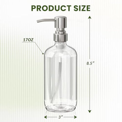 AmazerBath Soap Dispenser, 2 Pack Glass Soap Dispenser with Pump Stainless Steel, 17 Oz Hand Soap Bottles Bathroom Kitchen, Clear - color: Brushed Stainless Steel