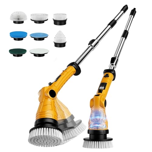 Electric Spin Scrubber with 8 Replaceable Brush Heads 6 Adjustable Angle Waterproof LED Display Cordless Cleaning Brush Supplies Bathroom Cleaner Set Long Handle Power Scrubber for Shower Floor Tub - color: Yellow