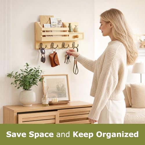 Key Holder Wall Mount, Wooden Adhesive Mail and Key Organizer with Drawer, Small Shelf, 8 Hooks, 2 Installation Methods, Natural - color: Natural
