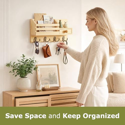 Key Holder Wall Mount, Wooden Adhesive Mail and Key Organizer with Drawer, Small Shelf, 8 Hooks, 2 Installation Methods, Natural - color: Natural