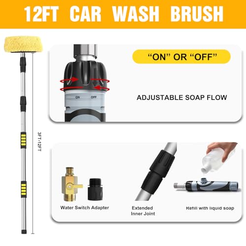 LAANPOLE 12FT Car Wash Brush with Long Handle, Car Cleaning Brush with 12 Inch Soft Bristle and Soap Dispenser, Solar Panels Cleaner with Telescoping Pole for RV, Truck, Boat, House Siding, Yellow - color: Yellow