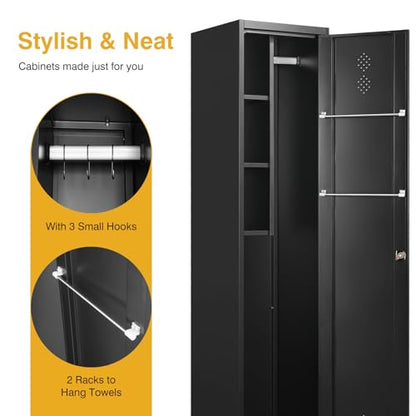 STANI 71" H Broom Closet Storage Cabinet Metal Cleaning Tool Cabinet Utility Closet Cleaning Supplies with Locking Door Broom Rack Shelf for Broom mops Garage Storage Black