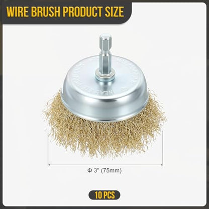 DTGN 3 Inch Wire Cup Brush for Drill - 10 Pcs - Coarse Brass-Plating Crimping Drill Wire Brush(0.012" Brass-Plating Wires) - 1/4 Inch Hex Shank - Good for Cleaning Rust Paint Abrasive