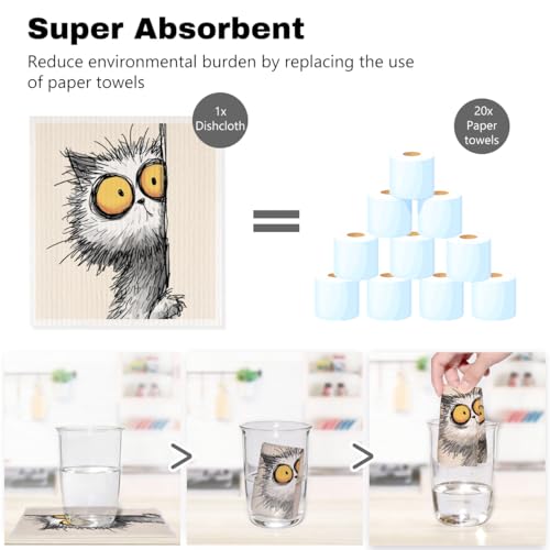 5 Pcs Cartoon Cute Peeking Kitten Swedish Dishcloths, Kitty Swedish Dishcloth, Funny Cat Dish Cloths for Drying Dishes, Reusable Cleaning Cloths, Cat Lover Gifts for Women 4 - color: Lm 03435