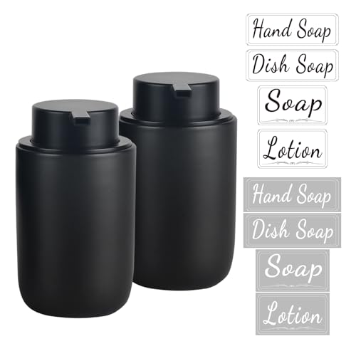 BosilunLife Foaming Soap Dispenser Set - Black Ceramic Foam Hand Dispenser 12oz Soap Dispenser Set with Rust Proof Pump, 4Pcs Clear Stickers for Kitchen, Bathroom - 2 Pack - color: Black-foam Pump