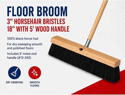 Bon Floor Broom 18 in. with 3 in. Black Horsehair Bristles and 5 ft. Wood Handle for Dry Sweeping Smooth Floors