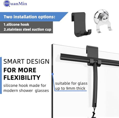 Upgrade Design Shower Squeegee with Hook, 11 inch Stainless Steel Core Glass Wiper, Multi-Purpose Glass Silicone Rubber Household Squeegees for Glass and Ceramic Doors Windows, Rounded Black - size: Round Head-11 inch