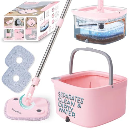 True & Tidy® True Clean Mop and Bucket System, Includes Square Spin, Dual Compartment Mop Bucket and 2 Thick Machine Washable Pads New Upgraded with Side Brush & Self Standing Handle, Rose - size: Spin Mop Rose w/ Side Brush & Self Standing Handle