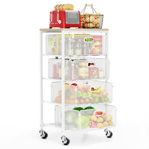 Goovilla Kitchen Cart with Drawers, 4 Tier Metal Rolling Utility Cart Organizer on Lockable Wheels with Wooden Top, White Fruit Vegetable Storage Rack Also for Cans, Snack, Craft, Art, Office, Beauty - size: White