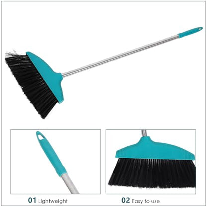 Heavy Duty Floor Broom with Soft Bristles, Wide Angle Sweeping Brush for Pet Hair and Lawn, Long Handle Green Broom for Indoor and Outdoor Cleaning