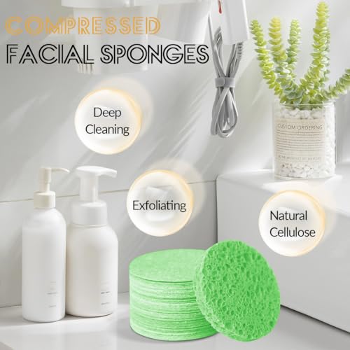 100-Count Facial Sponges Compressed Natural Cellulose Sponge Round Shape Face Sponge for Face Cleansing Exfoliating and Makeup Removal, Green - color: 100- Pack Green