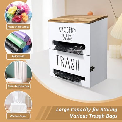 2 in 1 Trash Bag Dispenser, Double Wall Mounted,Wood Trash Bag Holder, used in kitchen, garage, laundry room, can store Environmentally friendly food bags and garbage bags (White) - color: White/Large(10inch*5.5inch*12.2inch）