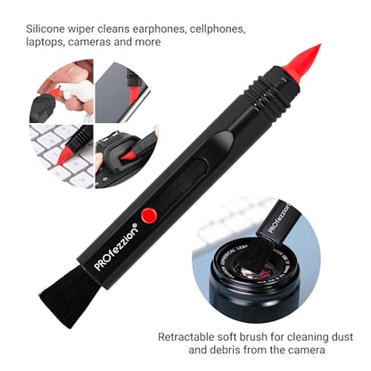 PROfezzion Double-Ended Lens Cleaning Pen for Electronics, Earbuds, Laptop, Cell Phone, Keyboard, Camera Lens, Lens Cleaner Pen with Soft Brush & Silicone Wiper, Black