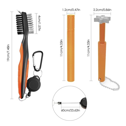 VIPMOON Golf Club Cleaner Kit, 2 Pcs Groove Sharpener Regrooving Tool and 1 Pcs Retractable Club Cleaner Brush, Portable Groove Sharpener Tool for All Golf Irons for Men - color: Gold