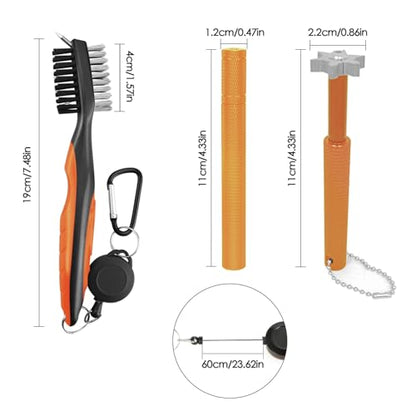 VIPMOON Golf Club Cleaner Kit, 2 Pcs Groove Sharpener Regrooving Tool and 1 Pcs Retractable Club Cleaner Brush, Portable Groove Sharpener Tool for All Golf Irons for Men - color: Gold