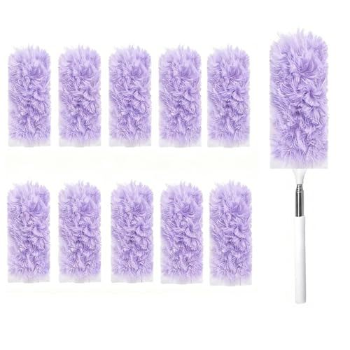 Heavy Duty Duster Refills, Disposable Dusters Kit for Cleaning Dusting Furniture Blind Ceiling Fan, Multi Surface 360 Feather Duster(10)+3FT Extended Handle（1） (pueple) - color: Pueple