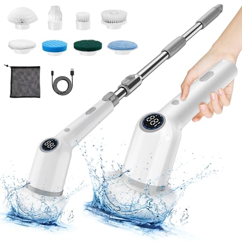 Electric Spin Scrubber for Bathroom,Shower Cleaning Brush,Cordless Shower Scrubber with 8 Replaceable Brush Heads and Adjustable Extension Handle,3 Adjustable Speeds for Kitchen Car, White