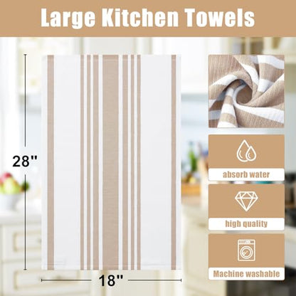 Homaxy Premium Kitchen Towels 18”x 28”, Large Cotton 380 GSM Kitchen Hand Towels, Stripe and Terry Dish Towel, Highly Absorbent Tea Towel Set with Hanging Loop, 8 Pack, Khaki - color: Khaki Stripe, style: 8-pack