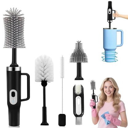 5 in 1 Electric Bottle Brush Cleaner Compatible Stanley Bottle Brush Straw Cleaner Multifunction Rechargeable IPX6 Waterproof Extra Long Design for Stanley Cup, Sports Bottle and More (Black) - color: Black